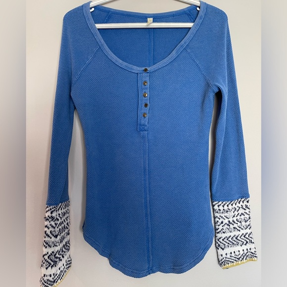 Free People blue long sleeve with Aztec sleeves. Medium, like new. - Picture 2 of 5